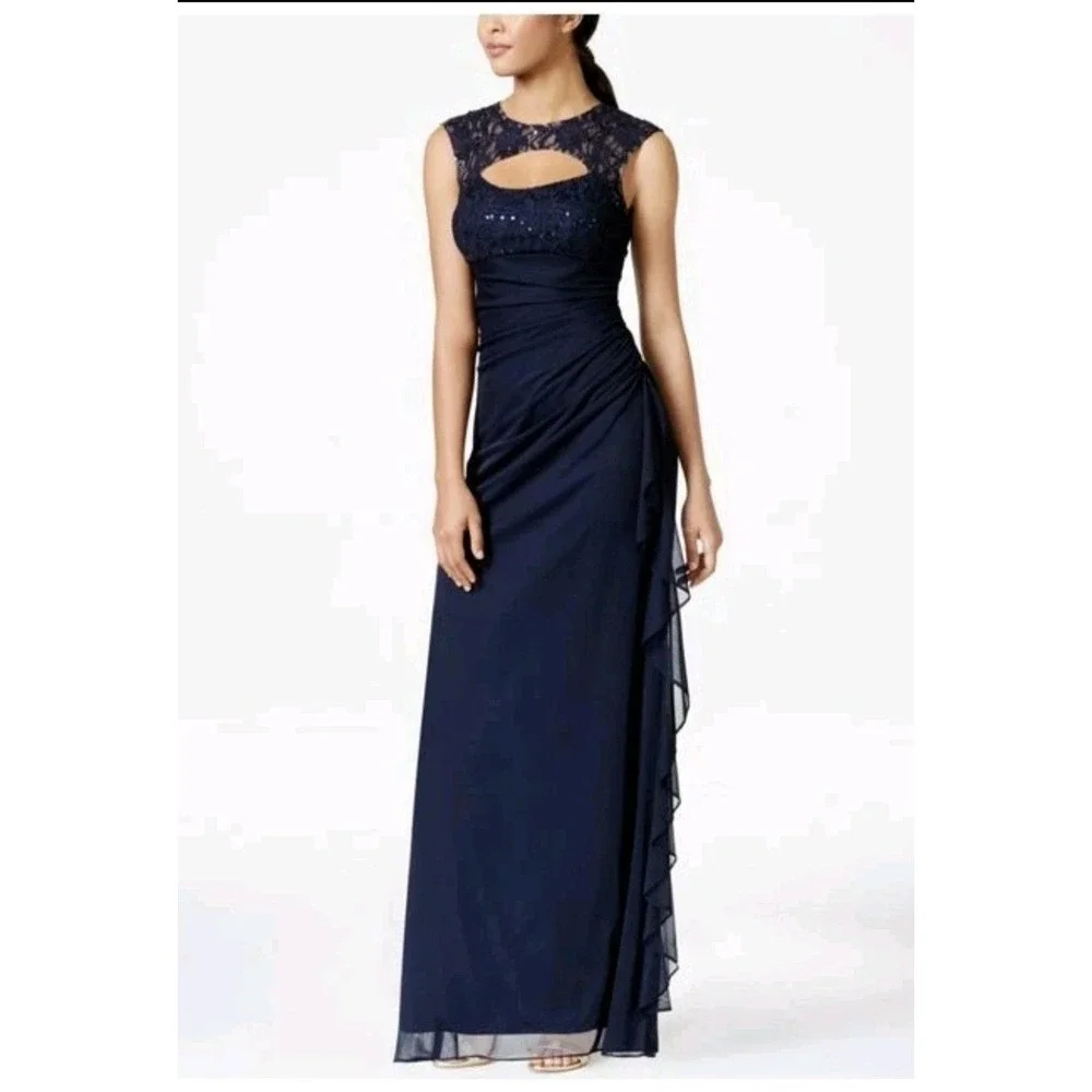 Navy Blue Formal Betsy & Adam Dress Size 6 Lace Sequin‎ Cutout Ruched Gown